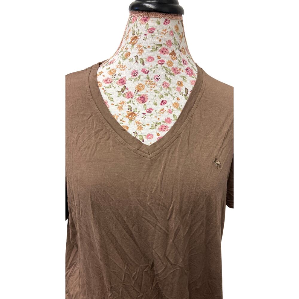 👕 Mara & Meru Brown V-Neck Tee L Soft Casual Minimalist Neutral Basic Top - Picture 2 of 4